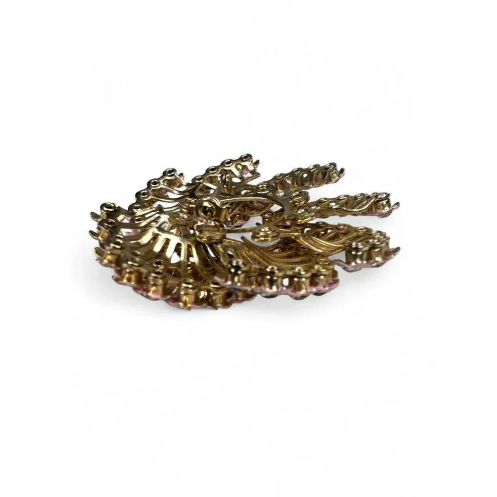 Vintage Pink Enamel Clear Rhinestone Floral Brooch Clip On Earrings Set - Picture 5 of 11
